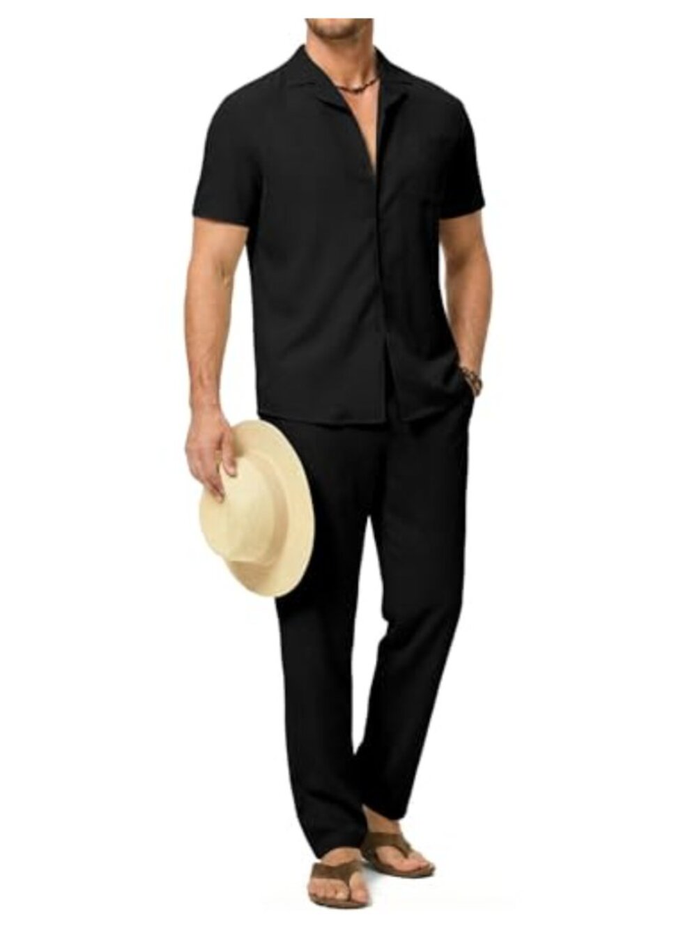 Men's 2-Piece Short Sleeve Lounge Set with Button Up Shirt and Drawstring Pants